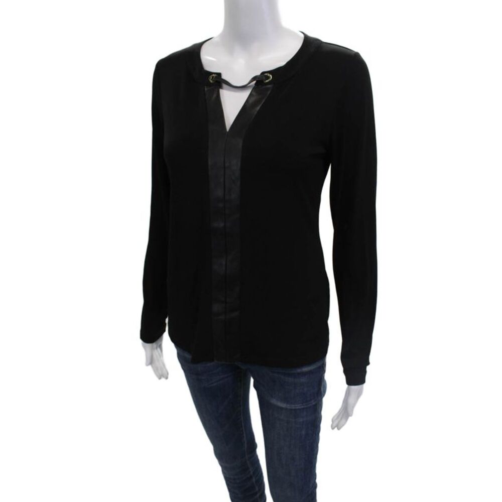 Calvin Klein Womens Basic Black Cotton Cashmere Long Sleeve Blouse Size XS - Picture 2 of 6